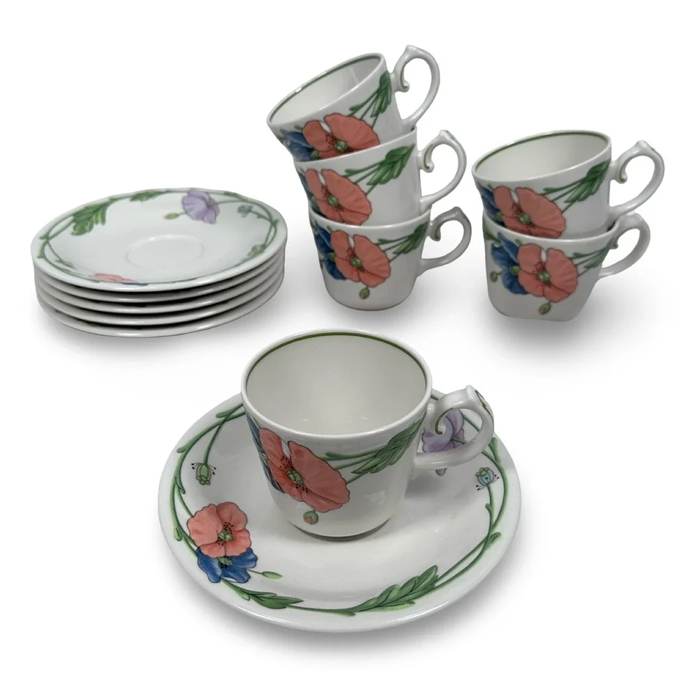 Villeroy‎ & Boch Amapola Teacup and Saucer Set 6 Floral Poppies German Porcelain